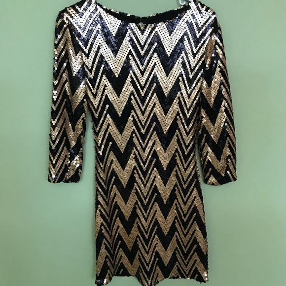 gianni bini black and gold sequin dress Gianni Bini Womens Size 4 Black Dress Gold Sequin Floral Design Flutter  Sleeve